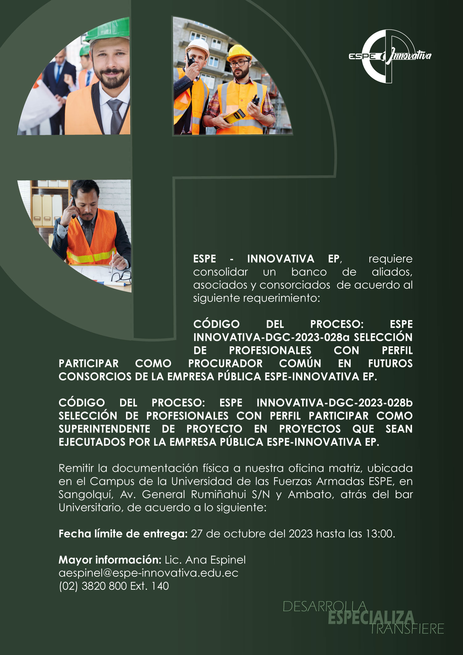 CÓDIGO DE PROCESO: ESPE-INNOVATIVA-DGC-2023-028   PROFESIONALES PROCURADOR COMÚN / SUPERINTENDENETE DE PROYECTO
